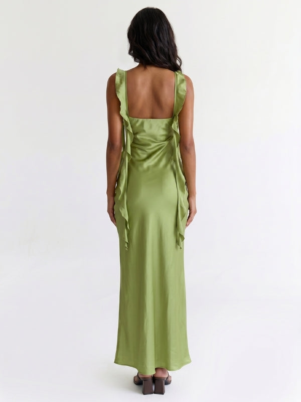 Olive Green Satin Square Neck Cascading Ruffle Trim Slip Bridesmaid Dress 26036