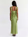 Olive Green Satin Square Neck Cascading Ruffle Trim Slip Bridesmaid Dress 26036