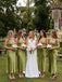 Olive Green Satin Square Neck Cascading Ruffle Trim Slip Bridesmaid Dress 26036