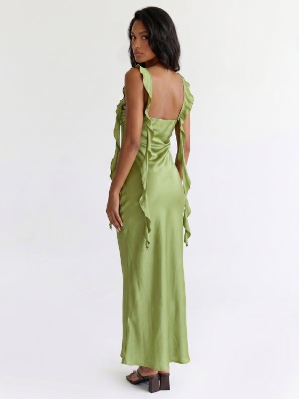 Olive Green Satin Square Neck Cascading Ruffle Trim Slip Bridesmaid Dress 26036