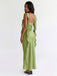 Olive Green Satin Square Neck Cascading Ruffle Trim Slip Bridesmaid Dress 26036