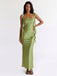 Olive Green Satin Square Neck Cascading Ruffle Trim Slip Bridesmaid Dress 26036