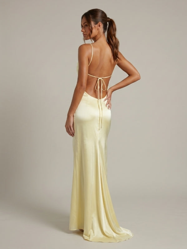 Pale Yellow Satin Cowl Neck Open Back Tie High Slit Bridesmaid Dress 26038