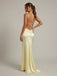 Pale Yellow Satin Cowl Neck Open Back Tie High Slit Bridesmaid Dress 26038
