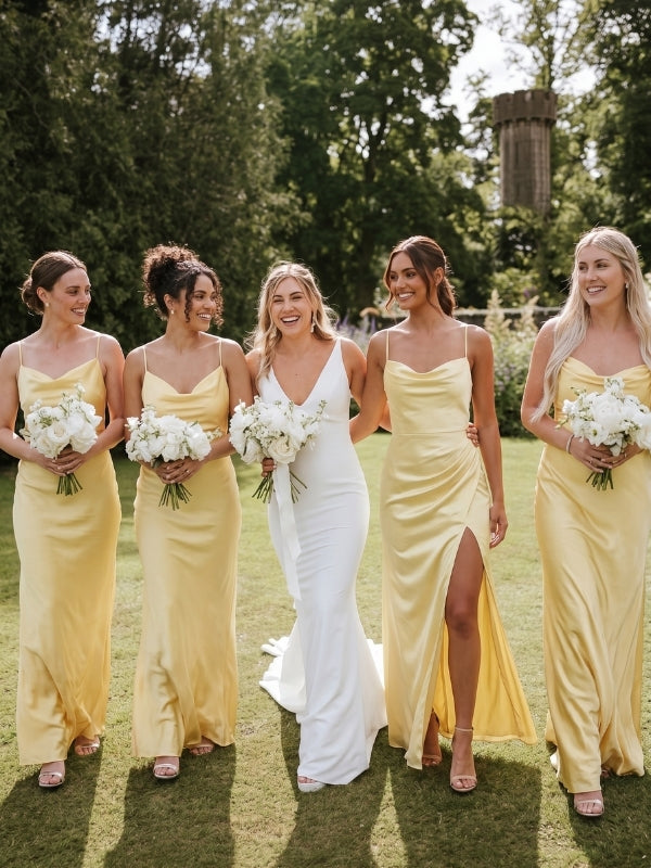 Pale Yellow Satin Cowl Neck Open Back Tie High Slit Bridesmaid Dress 26038