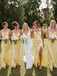 Pale Yellow Satin Cowl Neck Open Back Tie High Slit Bridesmaid Dress 26038