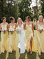 Pale Yellow Satin Cowl Neck Open Back Tie High Slit Bridesmaid Dress 26038
