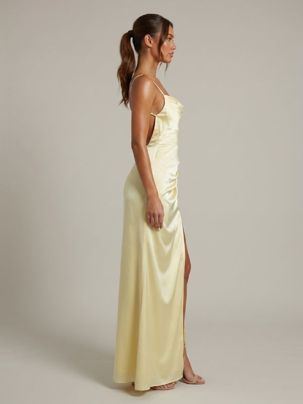 Pale Yellow Satin Cowl Neck Open Back Tie High Slit Bridesmaid Dress 26038