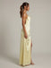 Pale Yellow Satin Cowl Neck Open Back Tie High Slit Bridesmaid Dress 26038