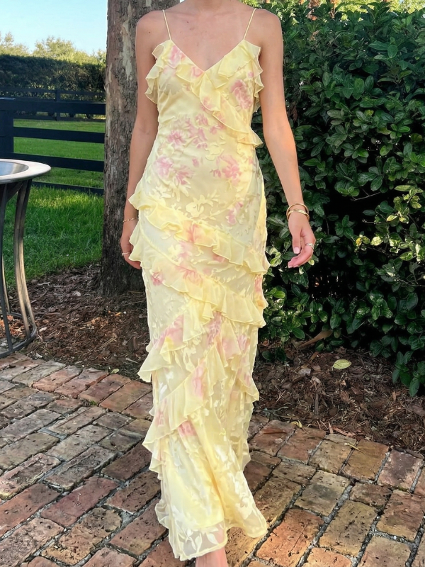 Pastel Yellow Floral V Neck Cascading Ruffle Prom Dress, 26018