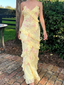 Pastel Yellow Floral V Neck Cascading Ruffle Prom Dress, 26018