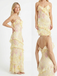 Pastel Yellow Floral V Neck Cascading Ruffle Prom Dress, 26018