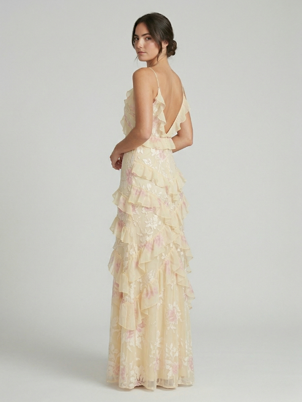 Pastel Yellow Floral V Neck Cascading Ruffle Prom Dress, 26018