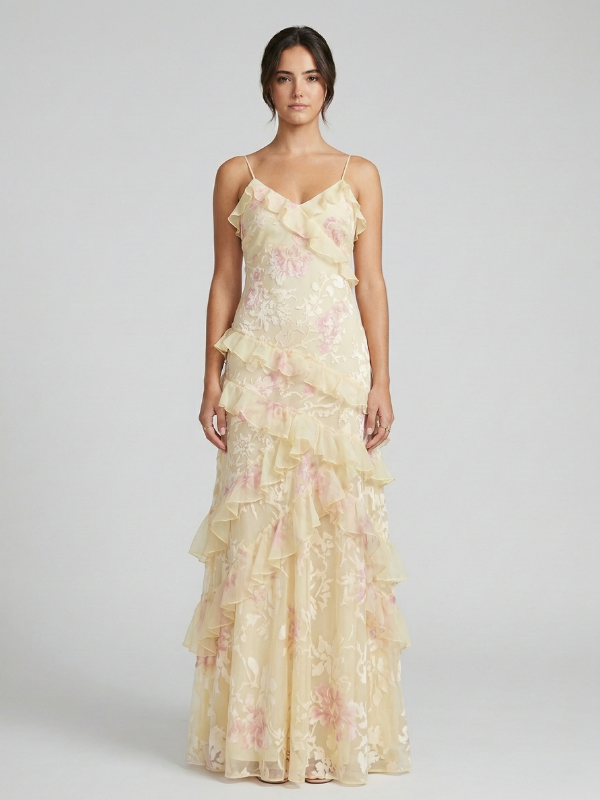 Pastel Yellow Floral V Neck Cascading Ruffle Prom Dress, 26018