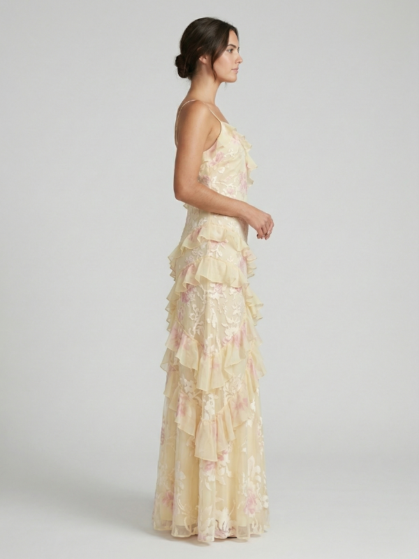 Pastel Yellow Floral V Neck Cascading Ruffle Prom Dress, 26018