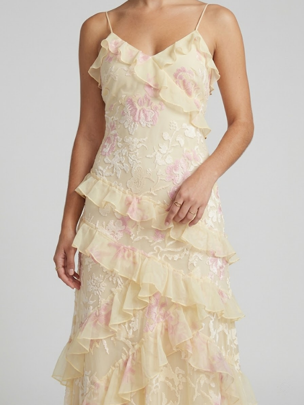 Pastel Yellow Floral V Neck Cascading Ruffle Prom Dress, 26018