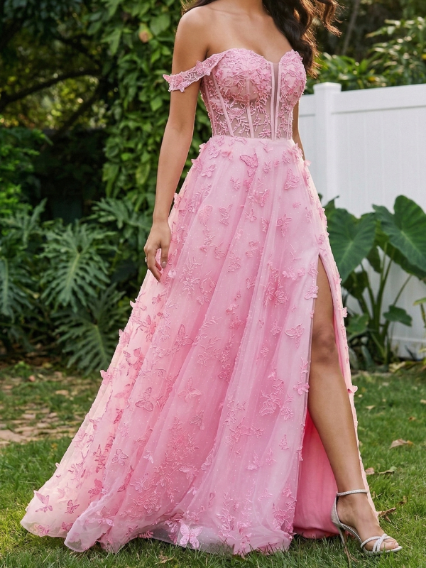 Pink 3D Butterfly Off Shoulder Corset Slit Prom Dress A Line, 26017