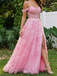 Pink 3D Butterfly Off Shoulder Corset Slit Prom Dress A Line, 26017