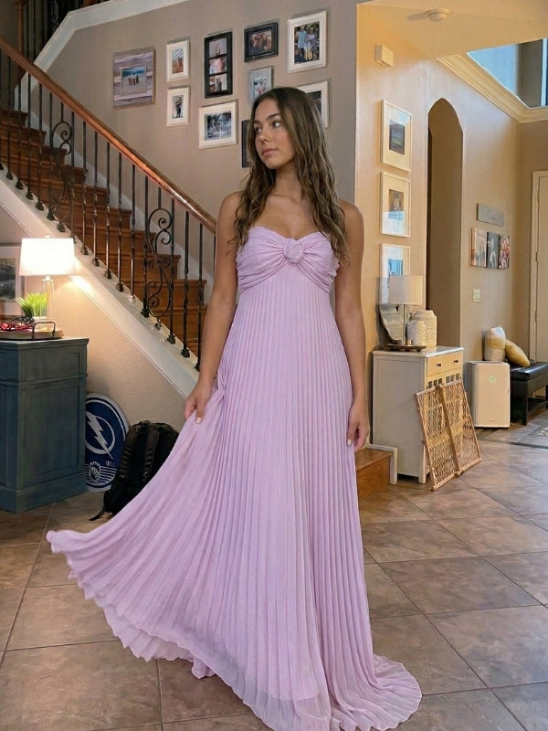 Pleated Strapless Knot Front A Line Flowy Chiffon Prom Dress, 26026