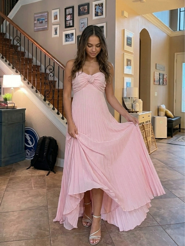 Pleated Strapless Knot Front A Line Flowy Chiffon Prom Dress, 26026
