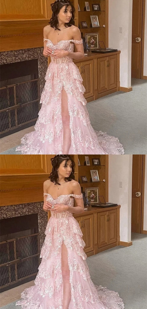 Pretty Pink Off Shoulder A-line Long Party Prom Dresses To Impress,Evening Dress,13465