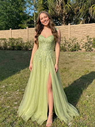 Sage Green Appliqué Sequin Tulle Sweetheart Ball Gown Prom Dress, 26028