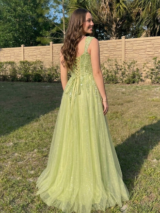 Sage Green Appliqué Sequin Tulle Sweetheart Ball Gown Prom Dress, 26028