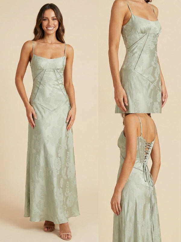 Sage Green Floral Jacquard Satin Scoop Neck Lace Up Prom Dress, 26023