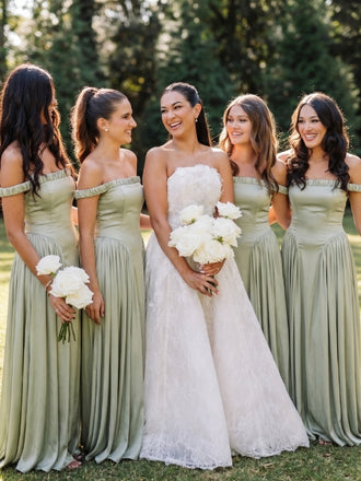 Sage Green Satin Off The Shoulder Ruched Band Drop Waist Bridesmaid Dress 26039