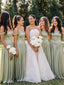 Sage Green Satin Off The Shoulder Ruched Band Drop Waist Bridesmaid Dress 26039