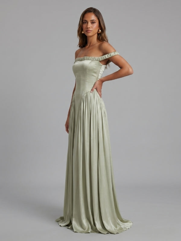 Sage Green Satin Off The Shoulder Ruched Band Drop Waist Bridesmaid Dress 26039