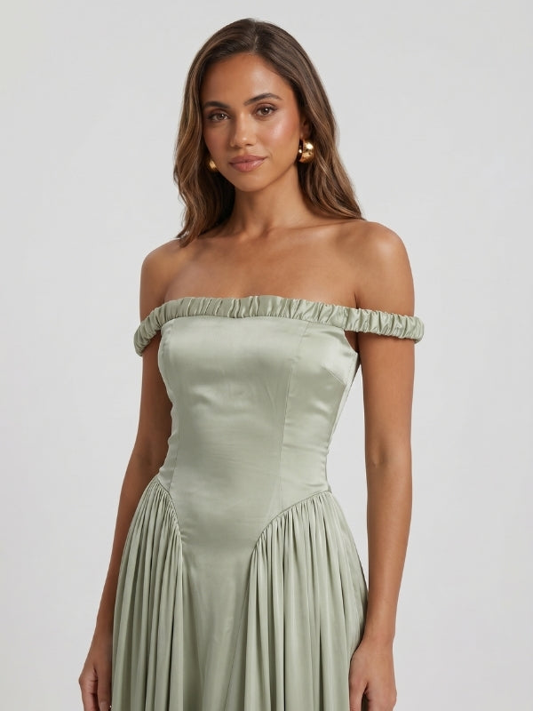 Sage Green Satin Off The Shoulder Ruched Band Drop Waist Bridesmaid Dress 26039