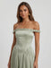 Sage Green Satin Off The Shoulder Ruched Band Drop Waist Bridesmaid Dress 26039
