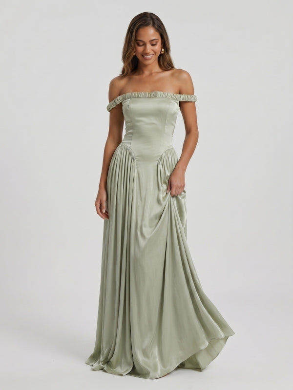 Sage Green Satin Off The Shoulder Ruched Band Drop Waist Bridesmaid Dress 26039