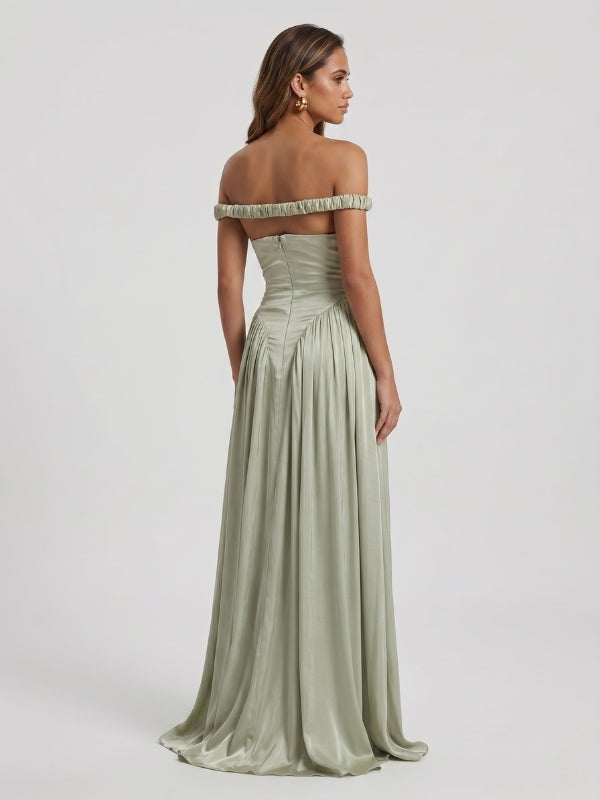 Sage Green Satin Off The Shoulder Ruched Band Drop Waist Bridesmaid Dress 26039