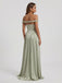 Sage Green Satin Off The Shoulder Ruched Band Drop Waist Bridesmaid Dress 26039