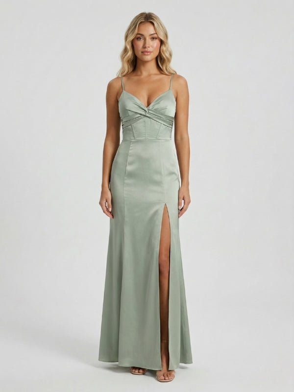 Sage Green Satin Spaghetti Strap Twist Bust Corset Bridesmaid Dress 26033