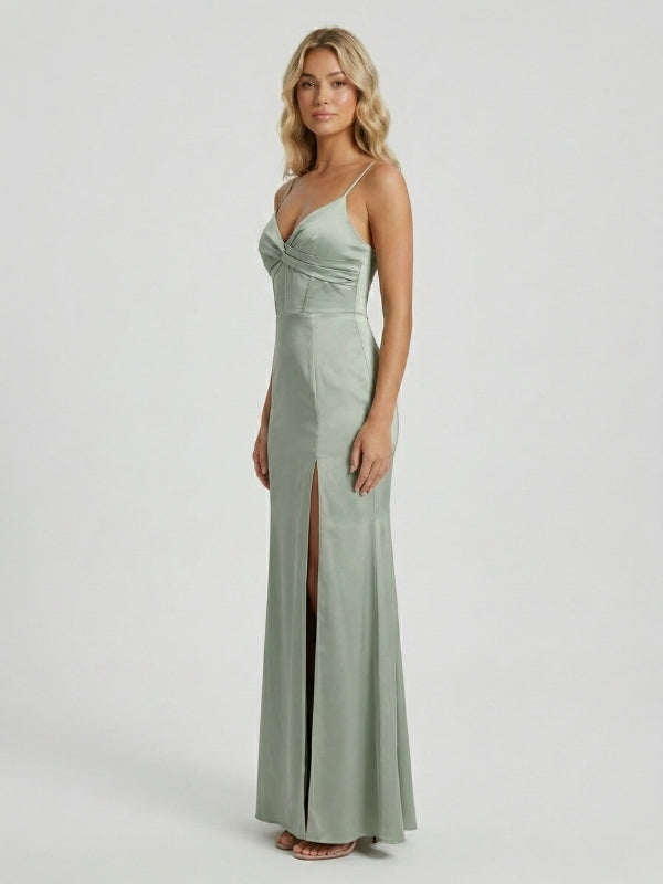 Sage Green Satin Spaghetti Strap Twist Bust Corset Bridesmaid Dress 26033