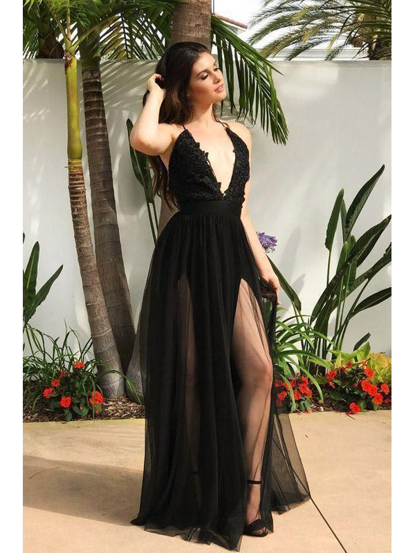 Sexy A-line Black Side Slit V-neck Maxi Long Party Prom Dresses, Evening Dress,13121