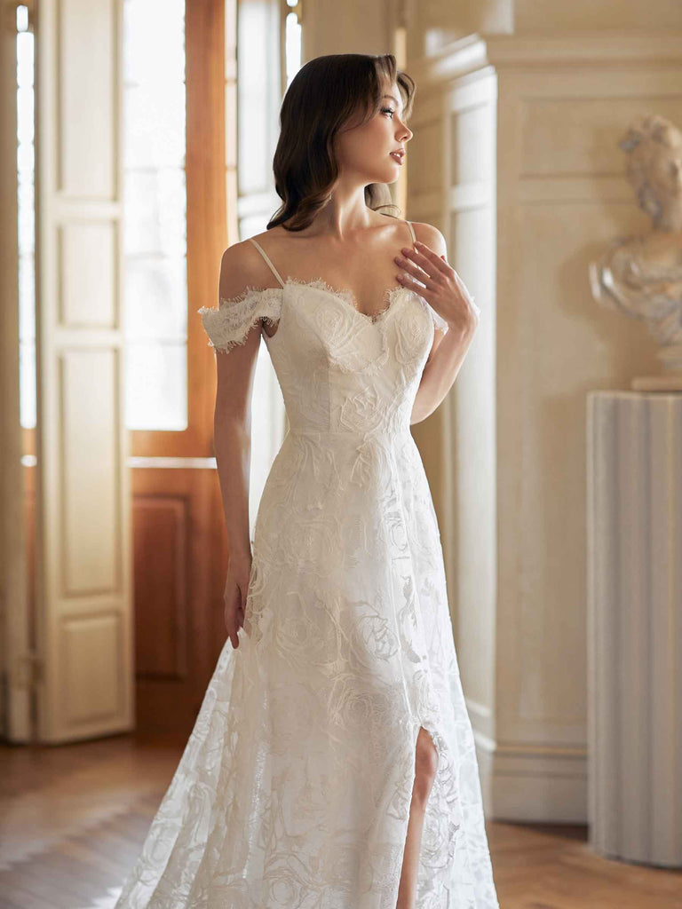 Sexy A-line Cold Shoulder Side Slit Handmade Lace Wedding Dresses,WD795