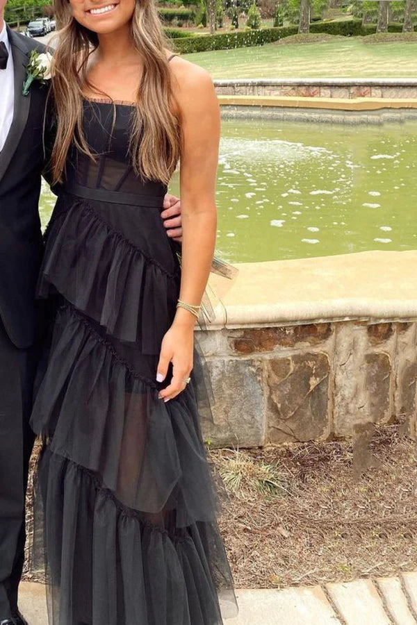 Sexy Black A-line Spaghetti Straps Maxi Long Party Prom Dresses Online,13108