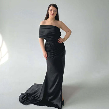 Sexy Black Mermaid Side Slit One Shoulder Mermaid Maxi Long Bridesmaid Dresses,WG1649