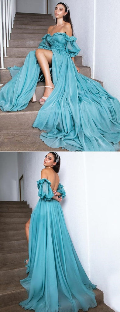 Sexy Blue A-line Off Shoulder High Slit Maxi Long Party Prom Dresses,13101