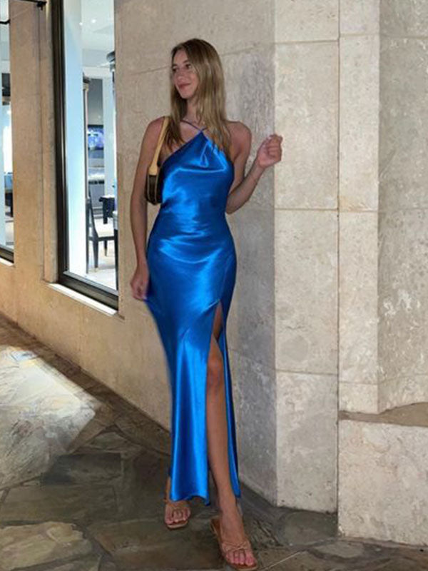 Sexy Blue Mermaid Halter Side Slit Long Party Prom Dresses, Evening Dress,13237