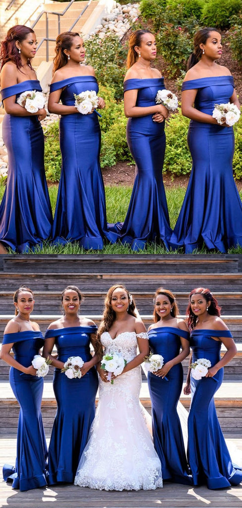 Sexy Blue Mermaid Off Shoulder Maxi Long Bridesmaid Dresses For Wedding Party,WG1594