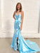 Sexy Blue Mermaid Spaghetti Straps Side Slit Maxi Long Party Prom Dresses, Evening Dress,13197