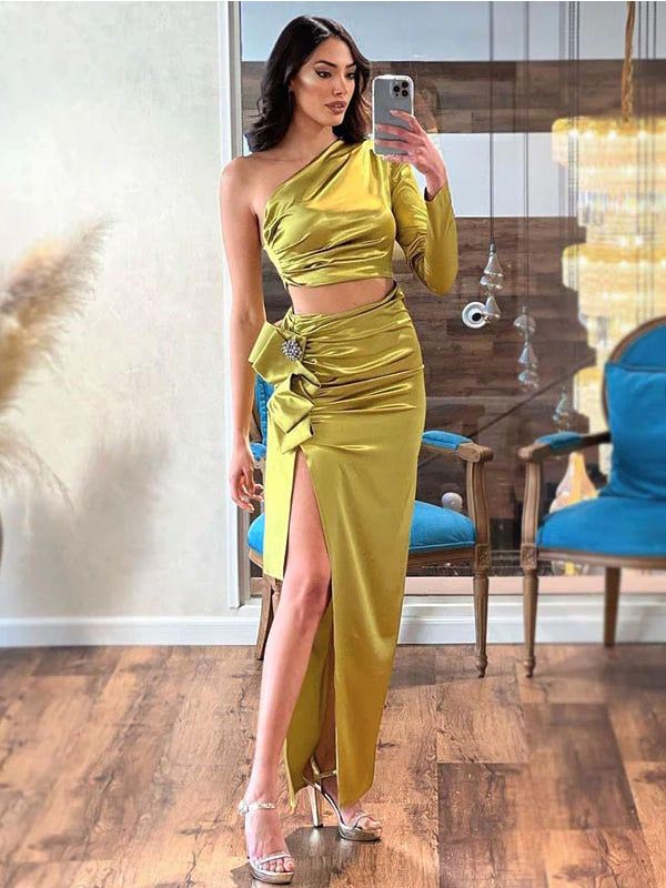 Sexy Green Two Pieces One Shoulder Side Slit Maxi Long Party Prom Dresses,13098