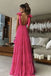 Sexy Hot Pink A-line V-neck Maxi Long Party Prom Dresses, Evening Dress,13207