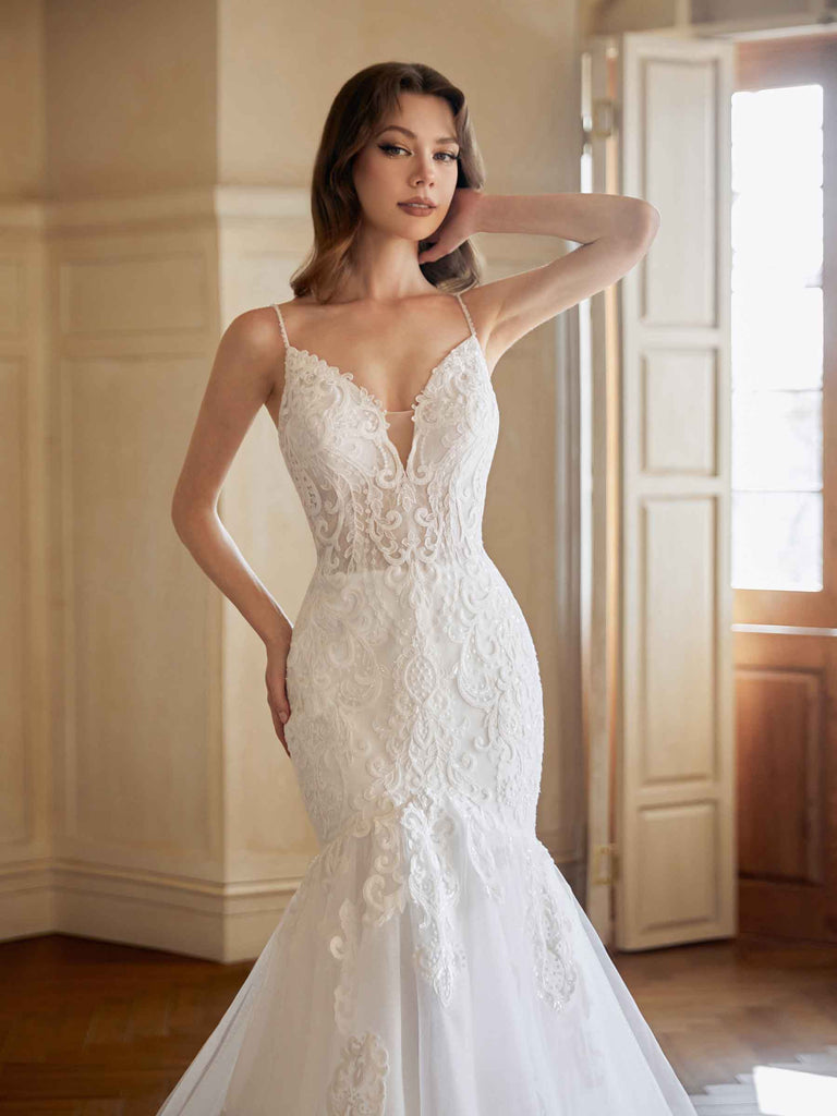 Sexy Mermaid Spaghetti Straps V-neck Handmade Lace Wedding Dresses,WD800