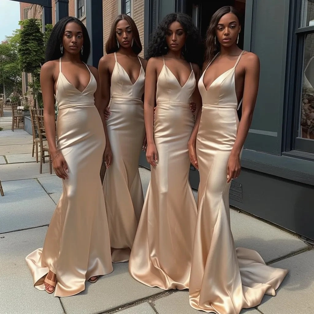 Sexy Mermaid Spaghetti Straps V-neck Maxi Long Bridesmaid Dresses,WG1510